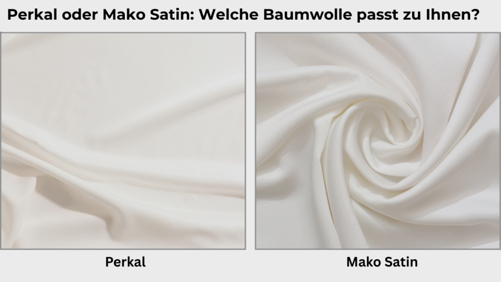 Seitenvergleich von Baumwoll-Perkal und Baumwoll-Satin, mit matter, fester Struktur gegenüber glatter, seidig glänzender Oberfläche.