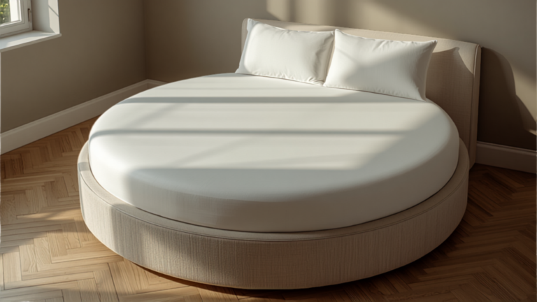 Lit rond fait avec un drap housse rond blanc tendu sur le matelas circulaire, dans une chambre claire