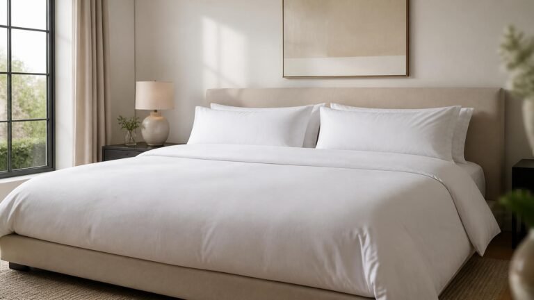 A wide king bed in a bright, calm bedroom, neatly made with crisp white cotton bed linen and the flat sheet folded back over the duvet in a clean band across the bed