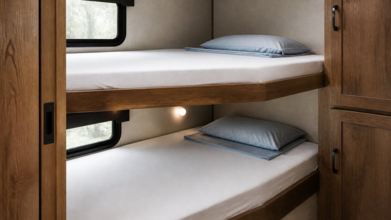 Two RV bunk beds in a travel trailer, each made with a smooth white cotton fitted sheet and a pillow, beside wood cabinetry and a small window