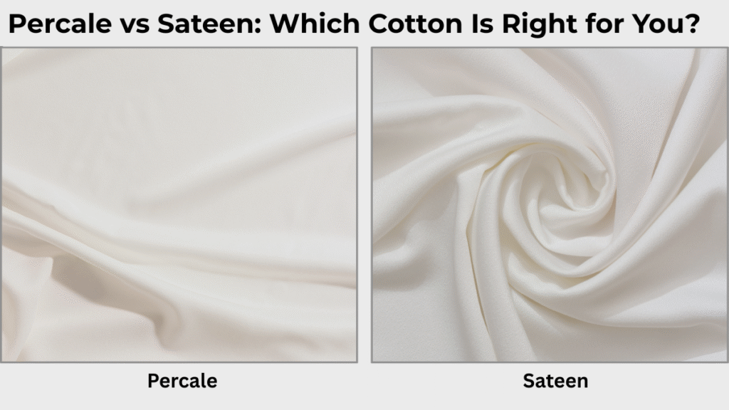 Side-by-side comparison of cotton percale and cotton sateen fabrics, showing crisp matte texture versus smooth silky finish.
