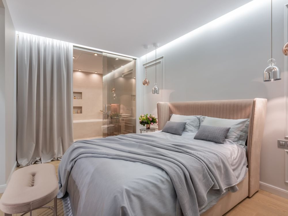 Modern bedroom with custom fitted sheet on a king size bed