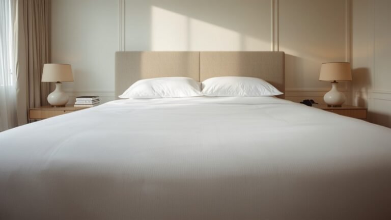 A wide king-size bed with a deep mattress, made up with crisp white custom fitted and flat sheets in a calm, light bedroom