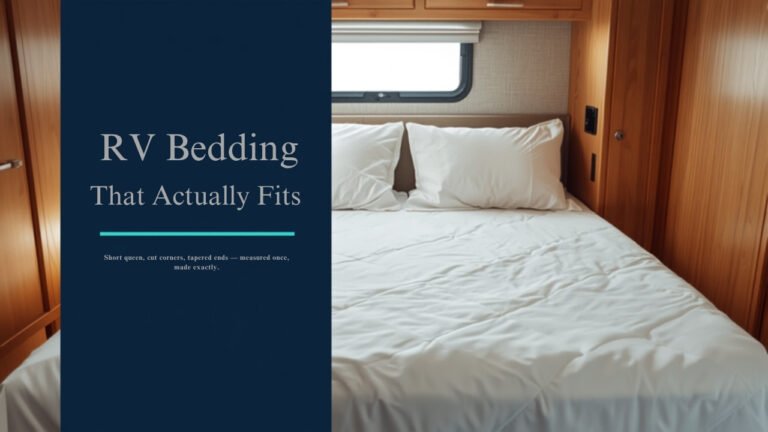 Neatly made RV bed with crisp white cotton bedding, wood cabinetry and a window with natural daylight