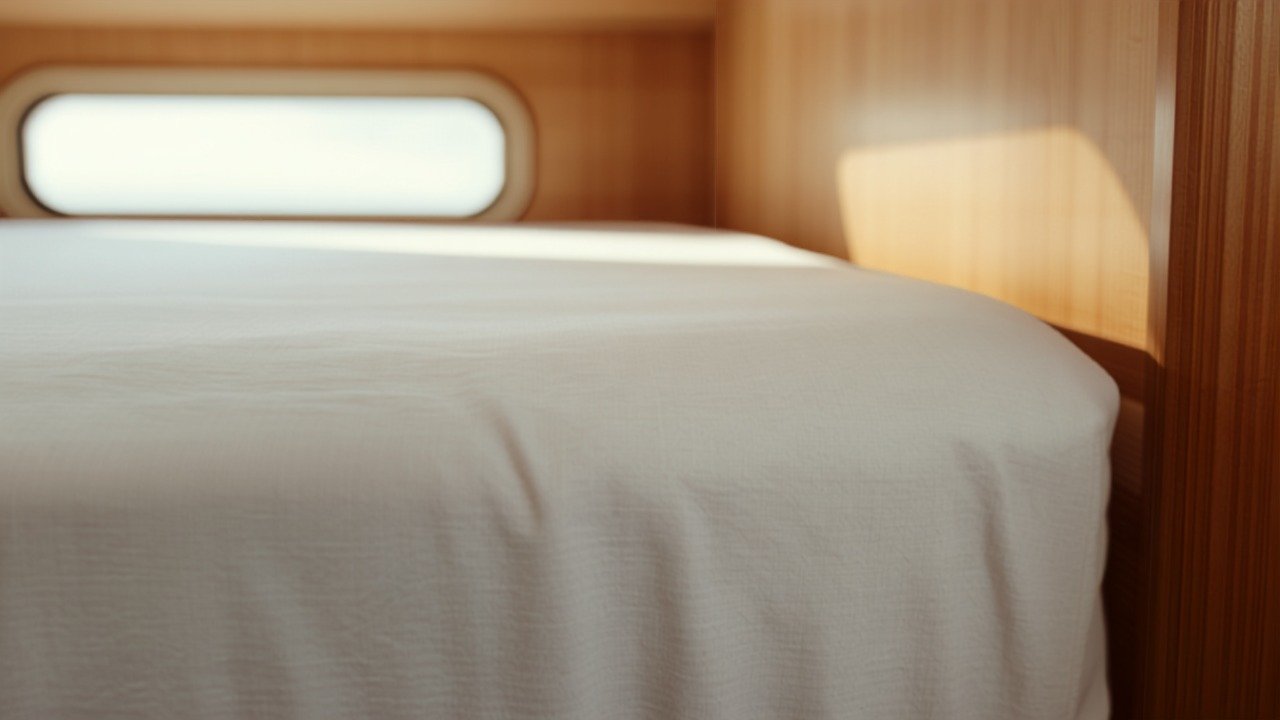 Close-up of a crisp white cotton fitted sheet stretched smoothly over an RV mattress beside wood cabinetry and a small window