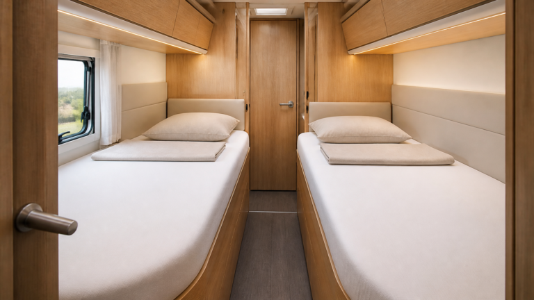 Camera posteriore di un camper con due letti gemelli, ciascuno con lenzuolo con angoli bianco in cotone ben teso e un cuscino, tra mobili in legno chiaro e un finestrino